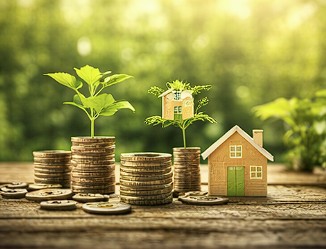 Fördermittelberatung mit Münzen, Pflanze und Hausmodell