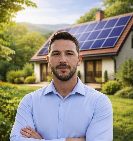 Philipp Hübbe vor einem Haus mit Solardach